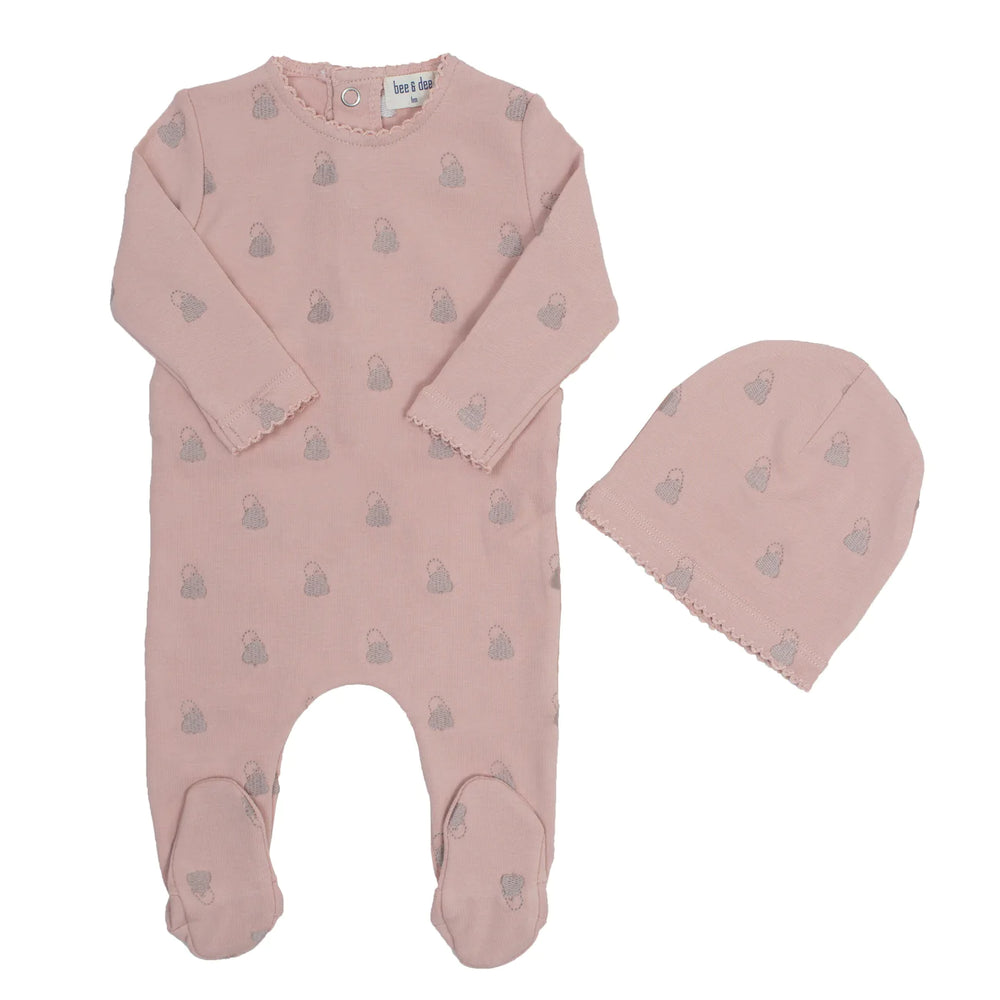 Bee & Dee All Over Embroidered Footie & Beanie-Petal Pink