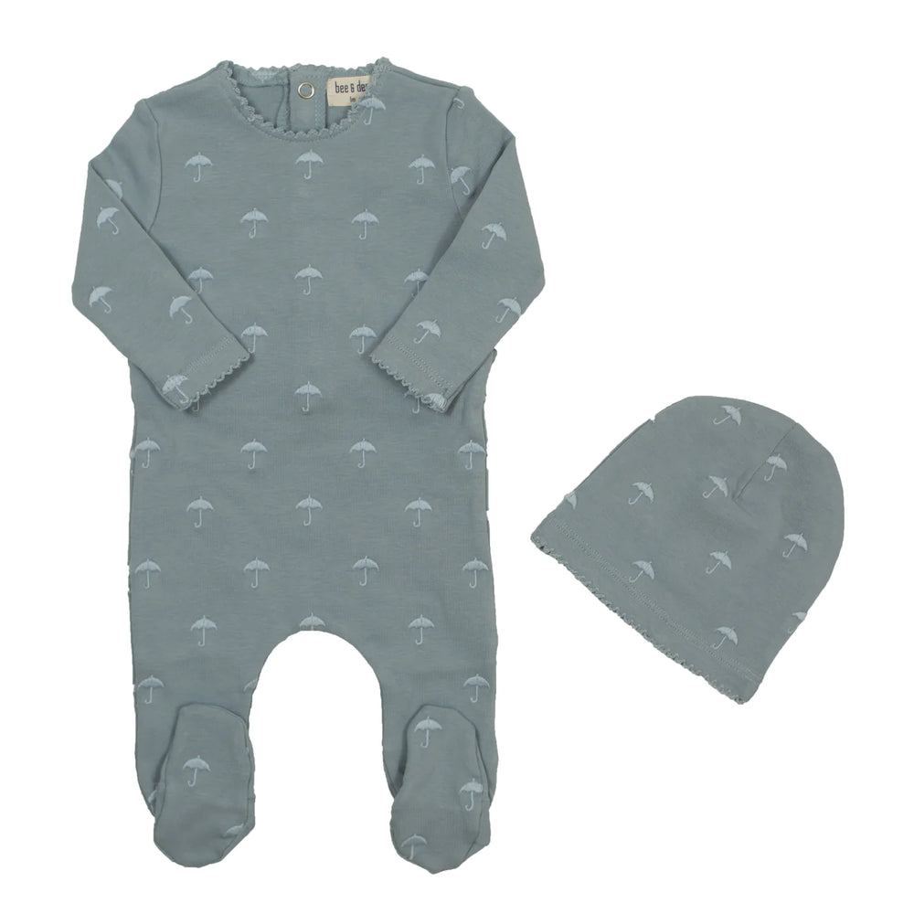 Bee & Dee All Over Embroidered Footie & Beanie-Blue