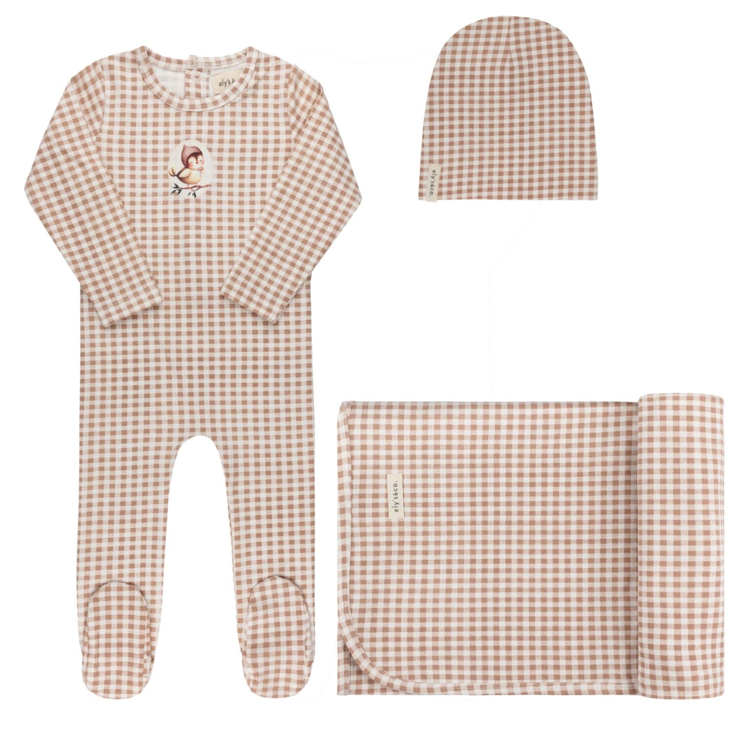Ely's & Co Jersey Owl Gingham Layette Set