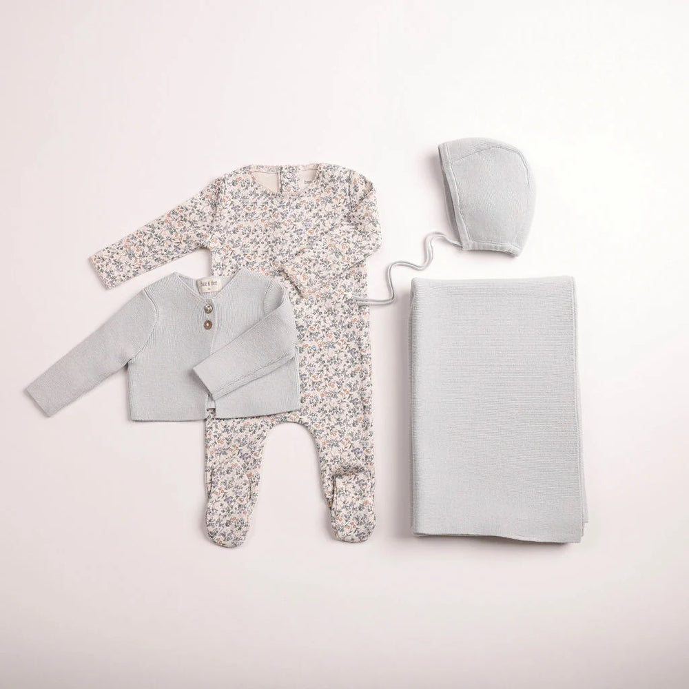Pre-Order Bee & Dee Petite Fleurs Footie/Cardigan- Layette Set