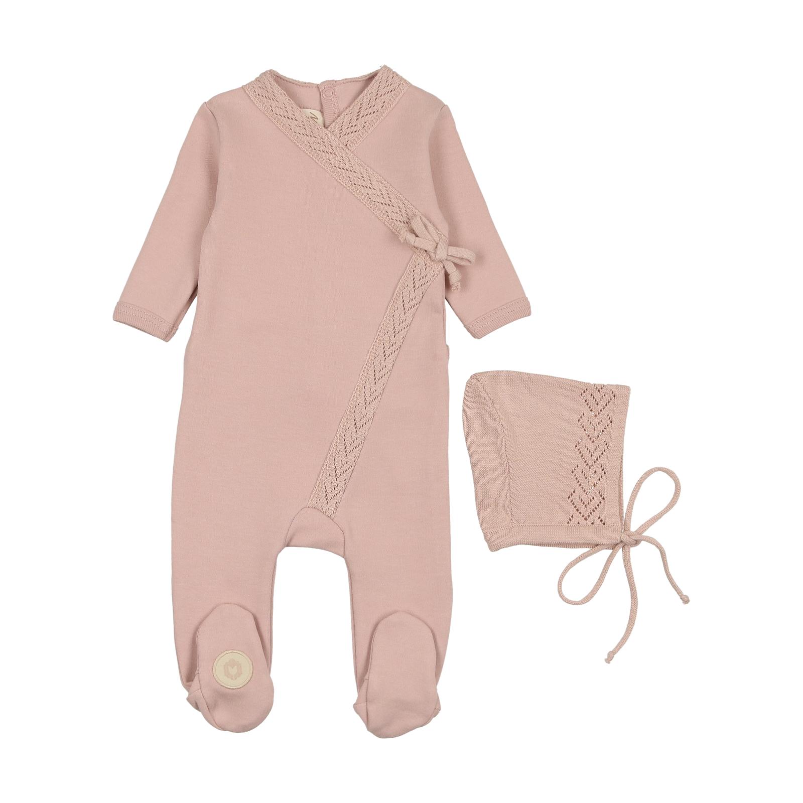 Mon Tresor Rose Smoke Knit Twist Footie & Bonnet