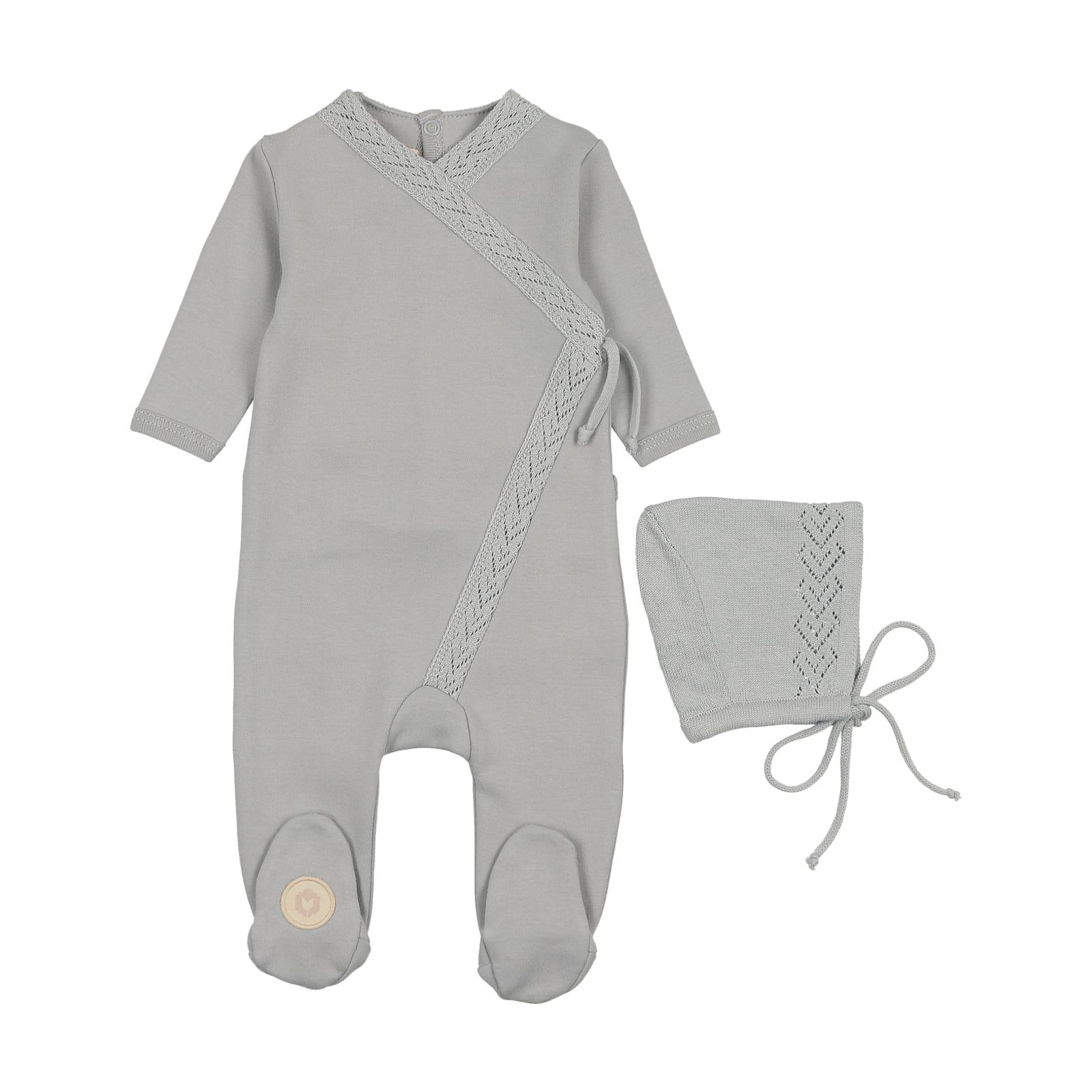 Mon Tresor Pearl Blue Knit Twist Footie & Bonnet