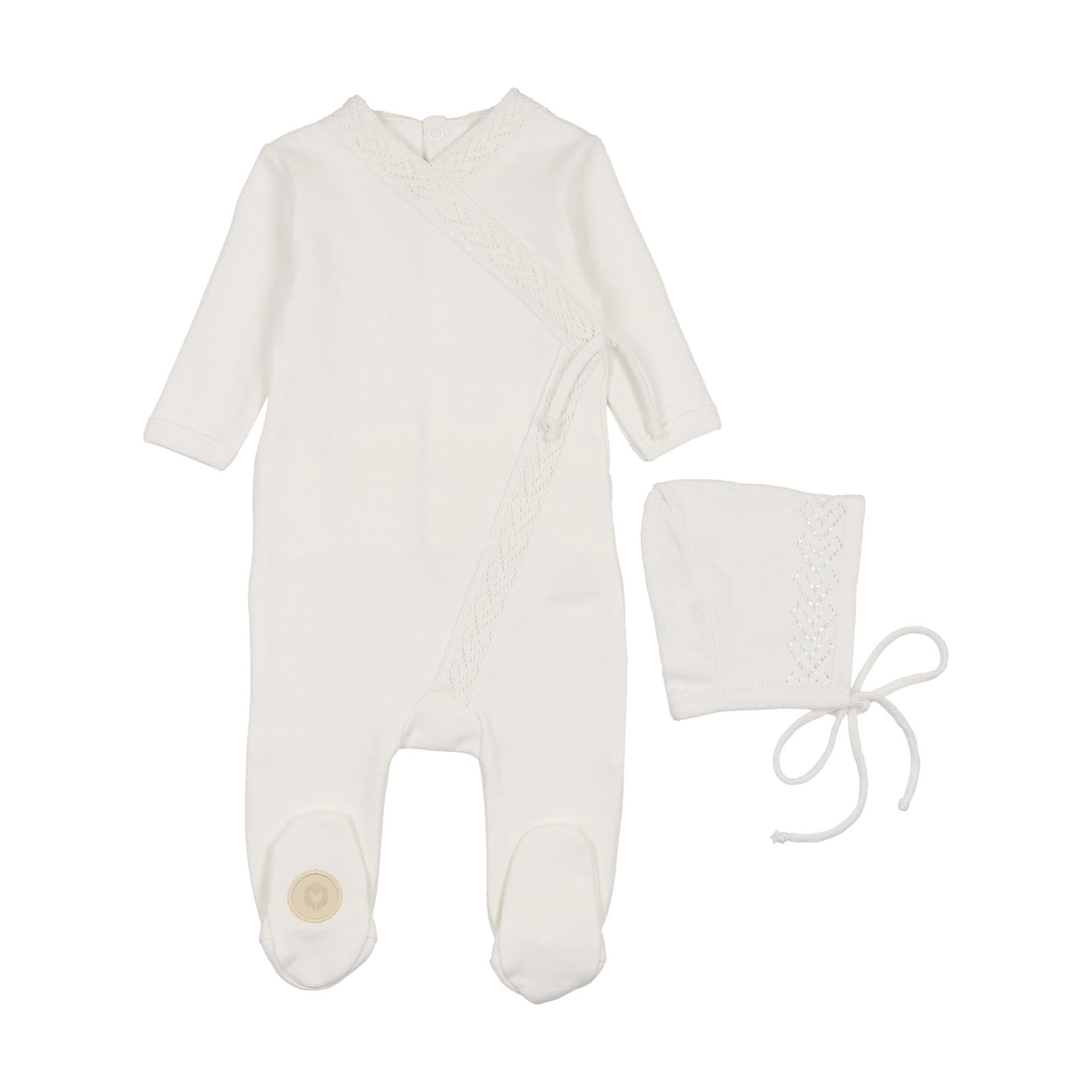 Mon Tresor Ivory Knit Twist Footie & Bonnet