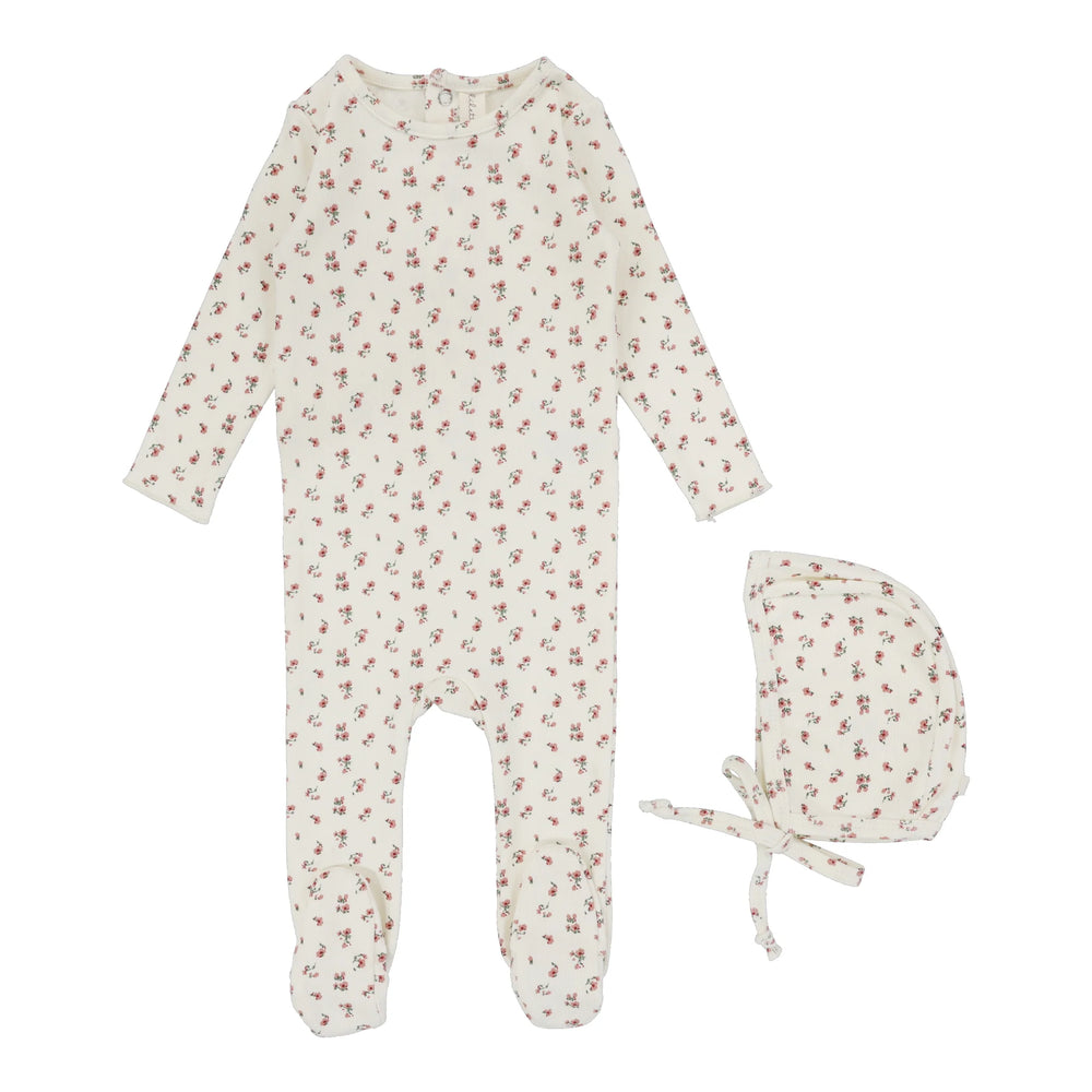 Lilette Vintage Floral Footie & Beanie- Cream