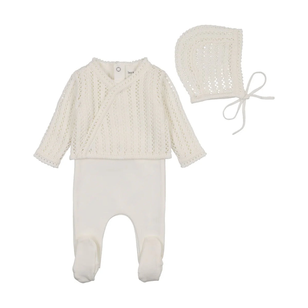 Pre-Order Bee and Dee White Dainty Sweater Footie & Bonnet