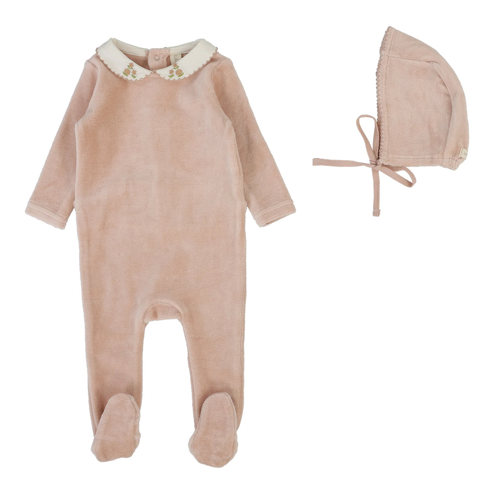 Lilette Velour Collar Footie & Bonnet