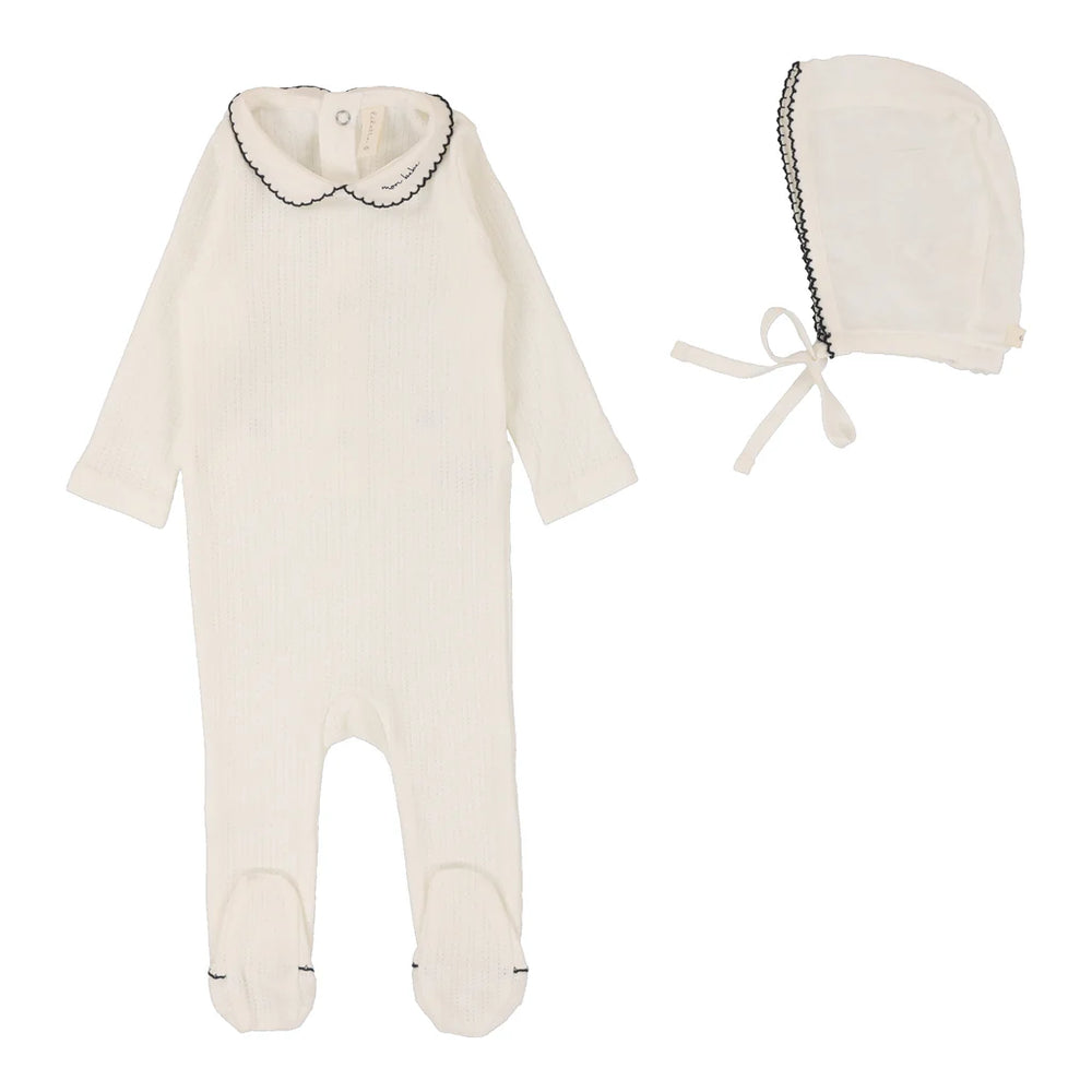 Lilette Edged Collar Footie & Bonnet- Winter White/Navy