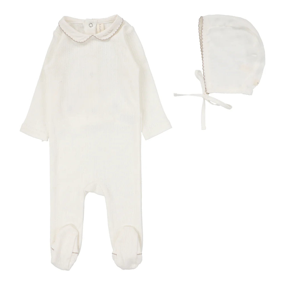 Lilette Edged Collar Footie & Bonnet- Winter White/Oat