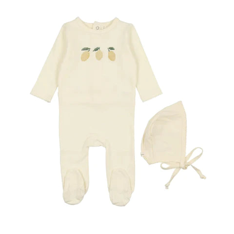 Lilette Embroidered Fruit Footie & Bonnet- Ivory/Lemon