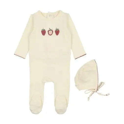 Lilette Embroidered Fruit Footie & Bonnet- Ivory/Strawberry