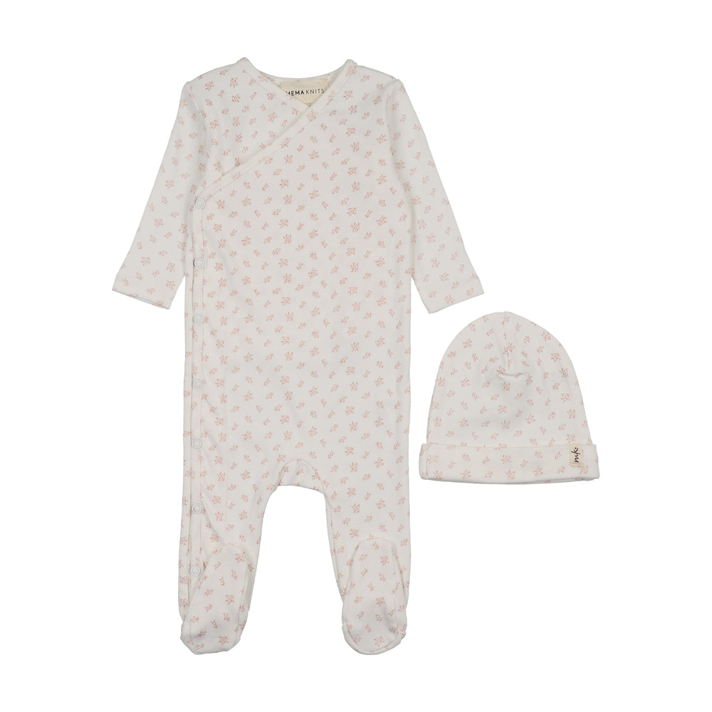 Mema Knits Floral Printed Side Snap Footie/Beanie