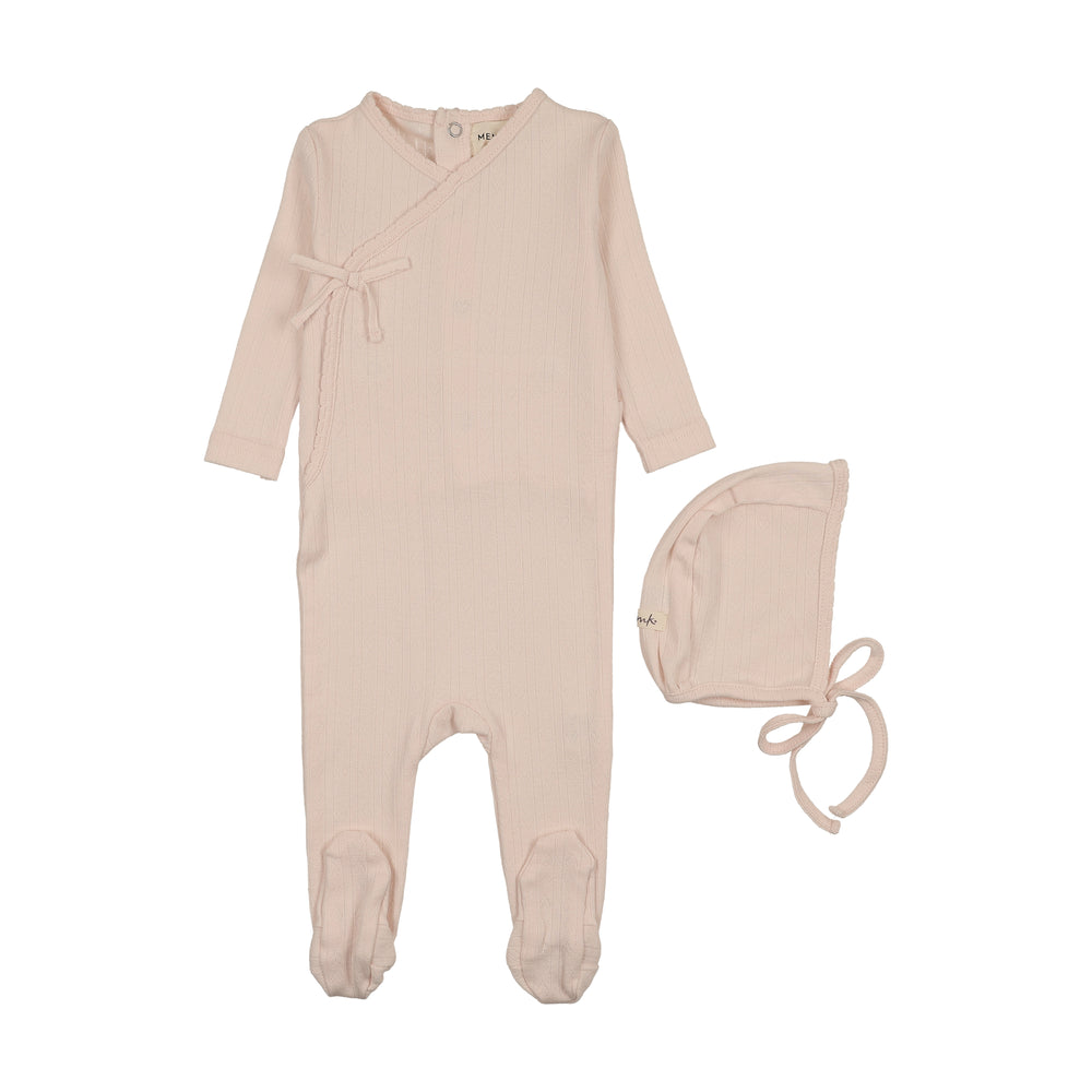 Mema Knits Mock Wrap Pointelle Footie/Bonnet