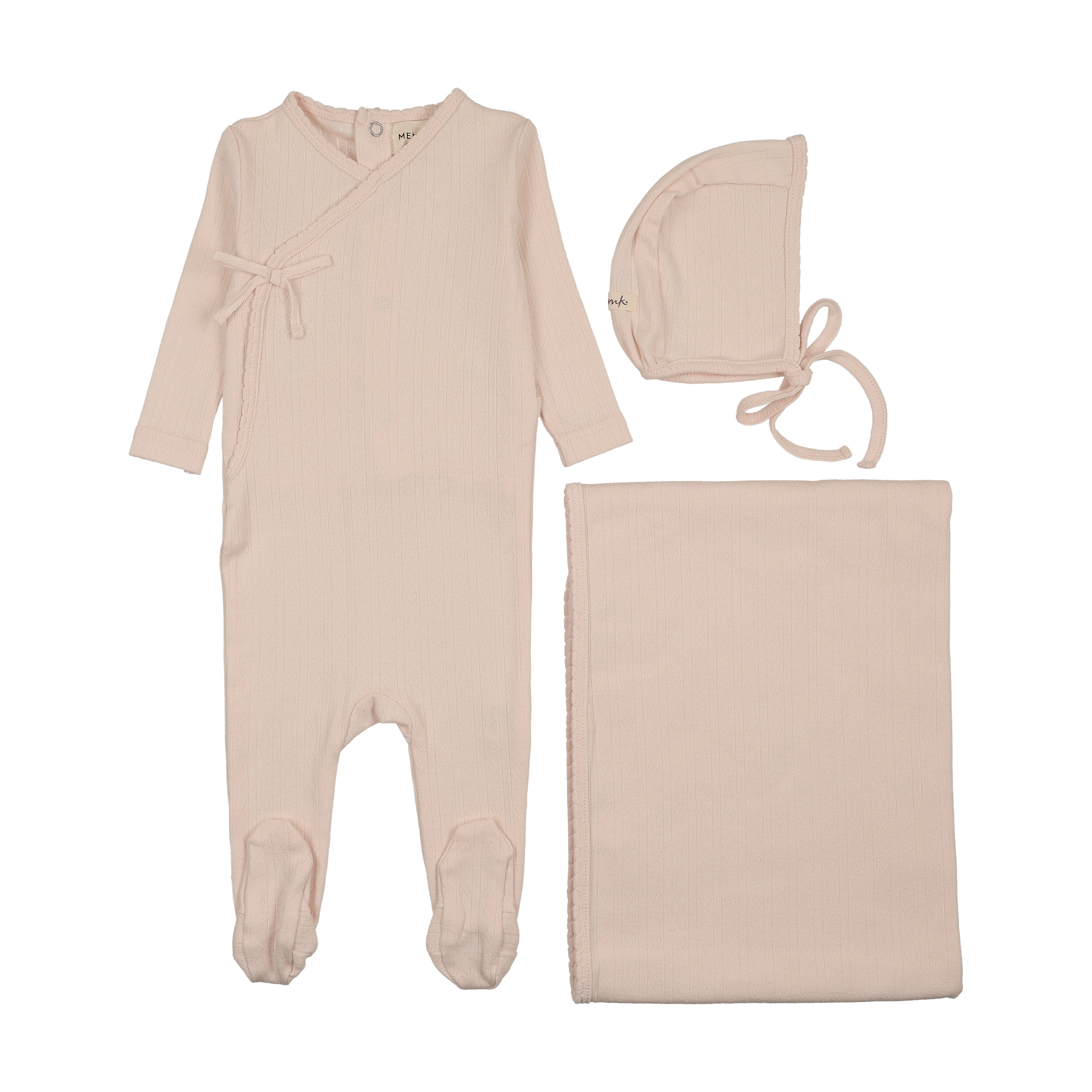 Pre-Order Mema Knits Mock Wrap Pointelle Layette Set