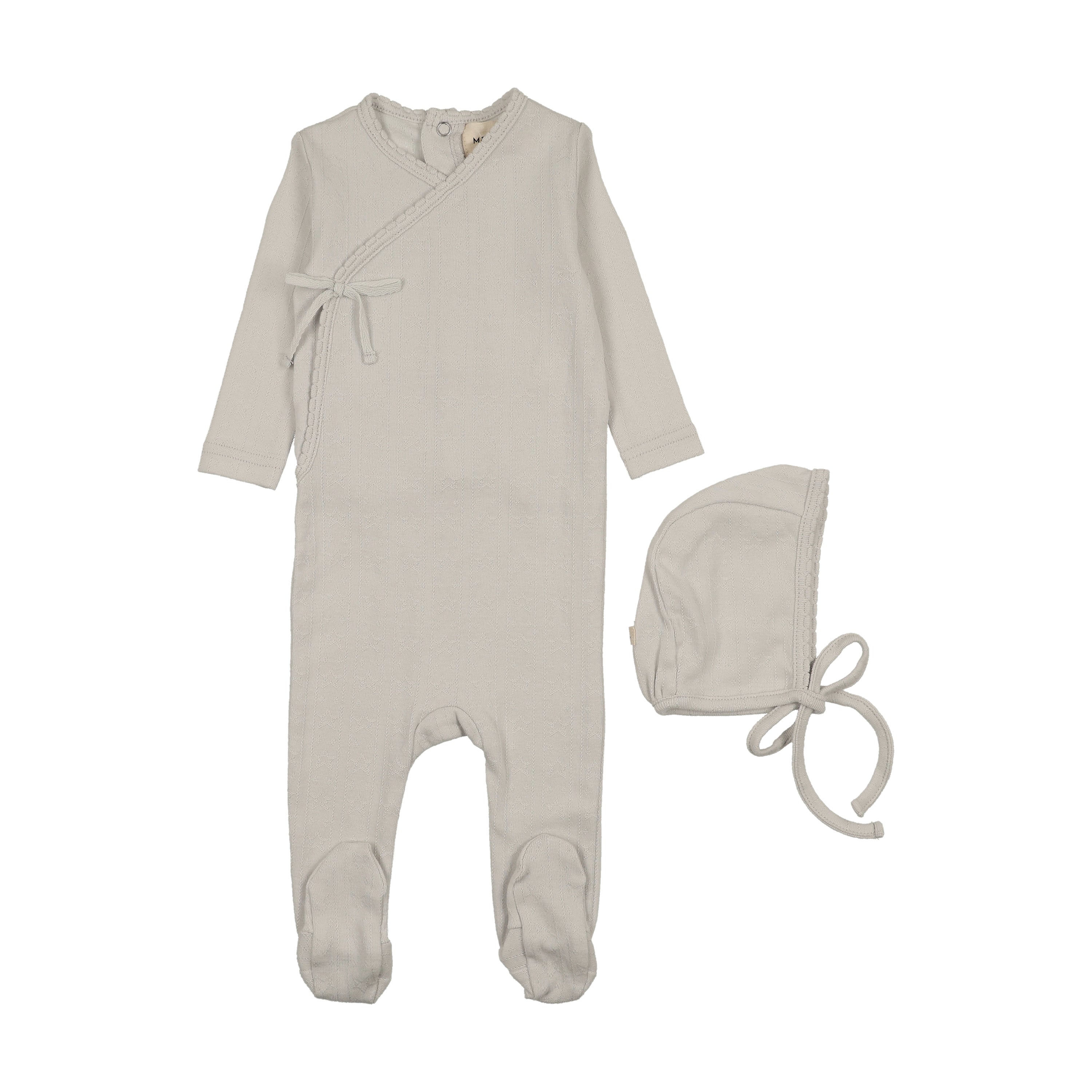 Pre-Order Mema Knits Mock Wrap Pointelle Footie/Bonnet