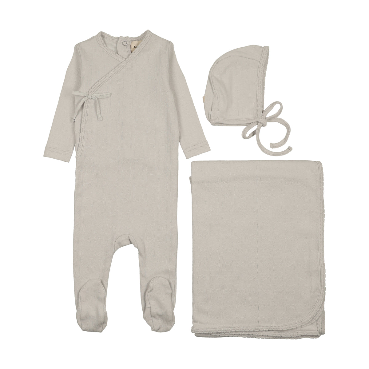 Pre-Order Mema Knits Mock Wrap Pointelle Layette Set