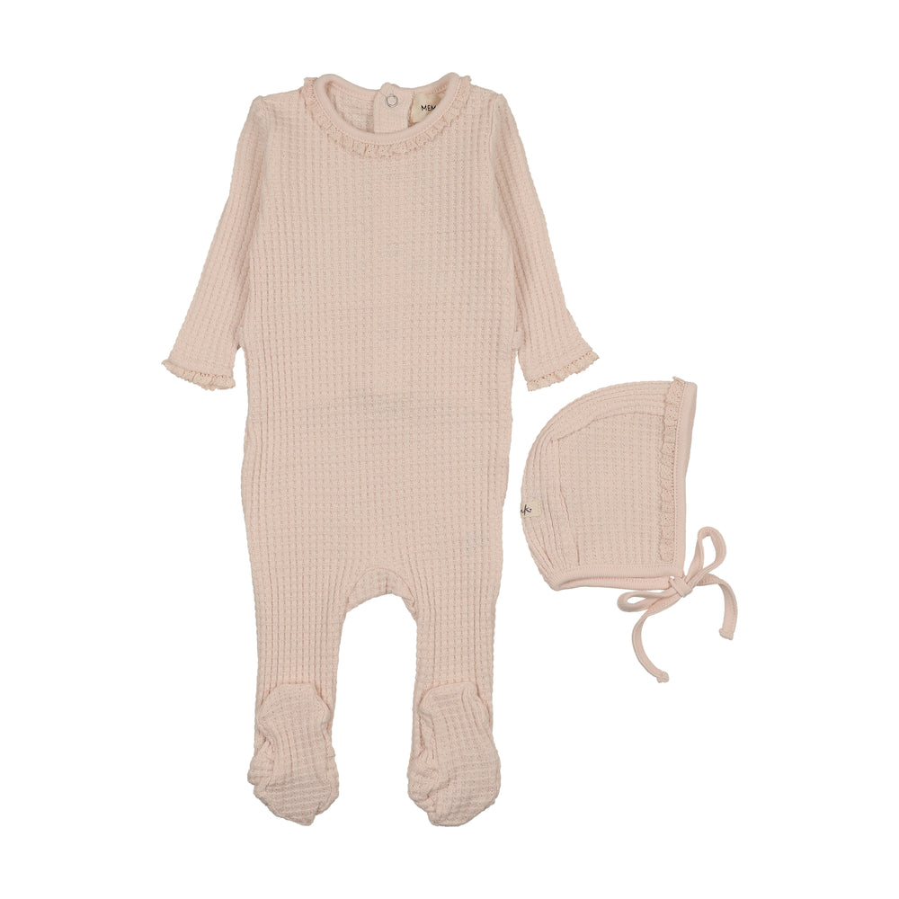 Mema Knits Honeycomb Waffle Trimmed Footie + Bonnet
