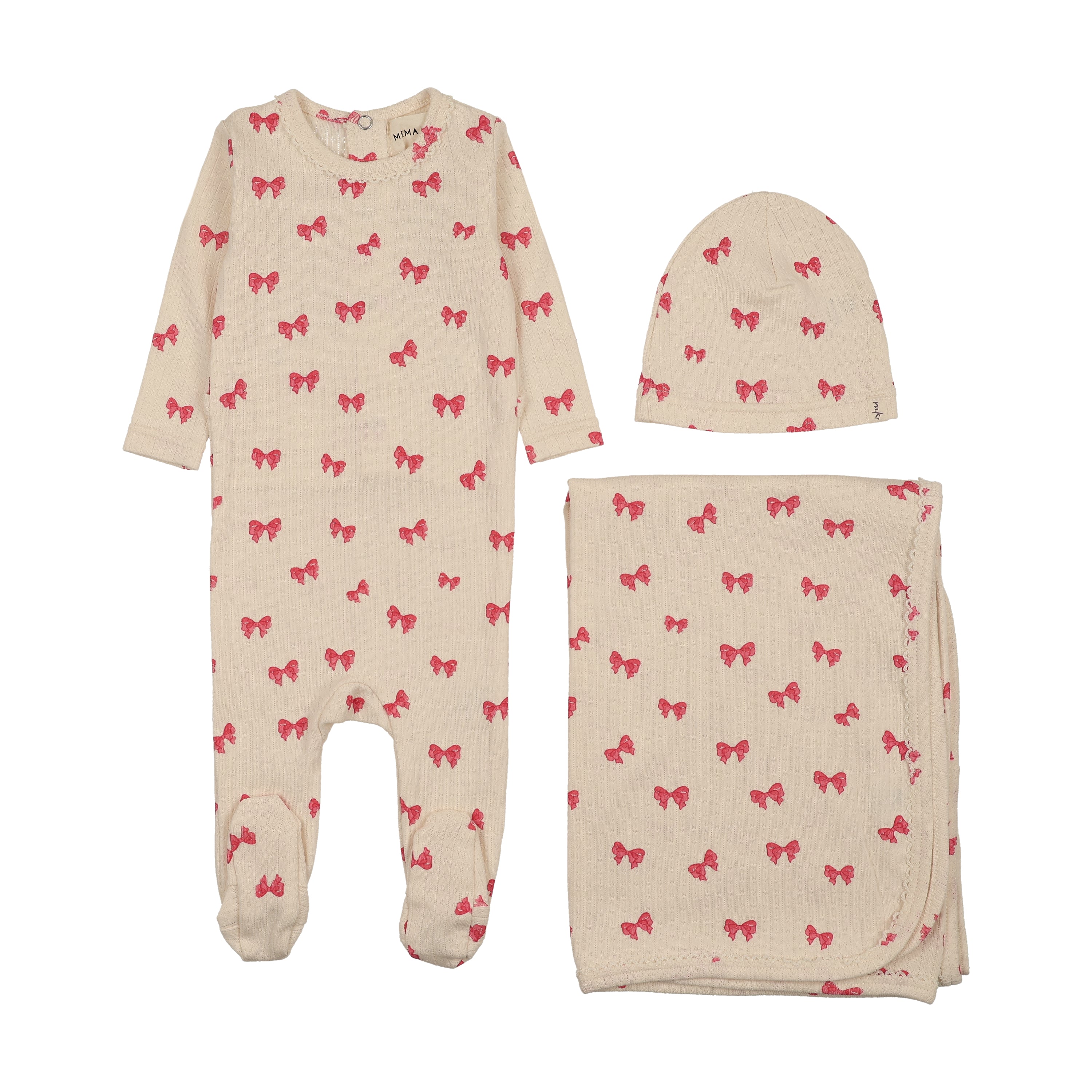Pre-Order Mema Knits Bow Print Layette Set
