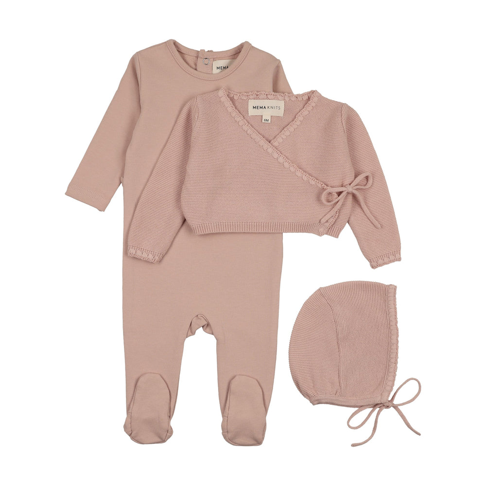 Pre-Order Mema Knits Embroidered Edge Knit Sweater, Bonnet & Base Footie