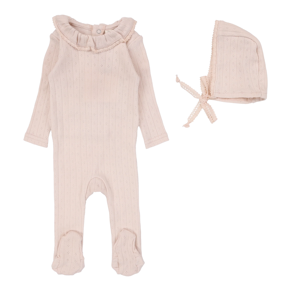 Lilette Fine Pointelle Collar Footie & Bonnet