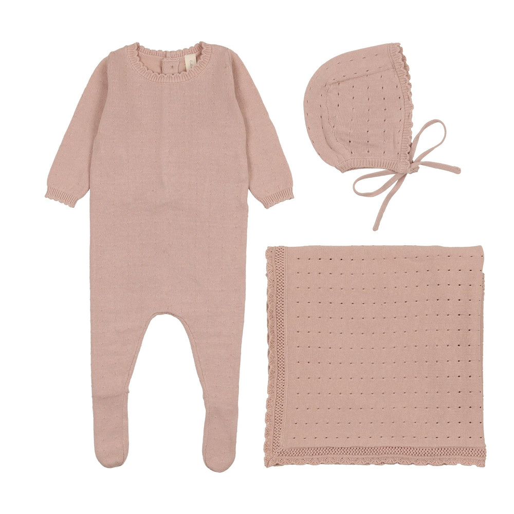 Pre-Order Lil Legs Heart Open Knit Pink- Footie, Bonnet & Blanket