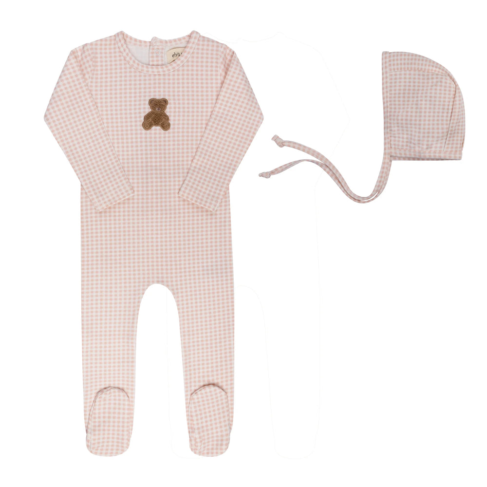 Ely's & Co Gingham Teddy Footie/Bonnet
