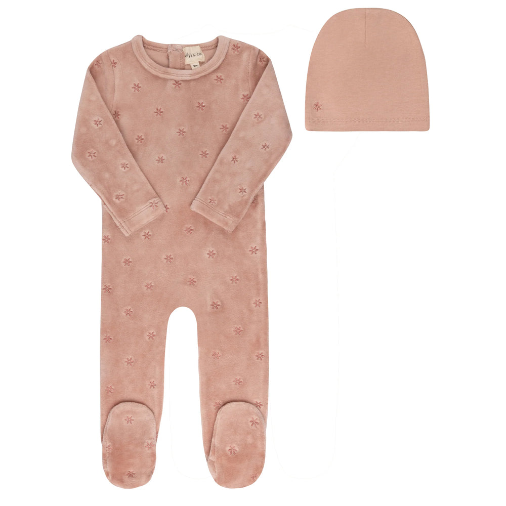 Ely's & Co Velour Embroidered Floral Footie & Beanie