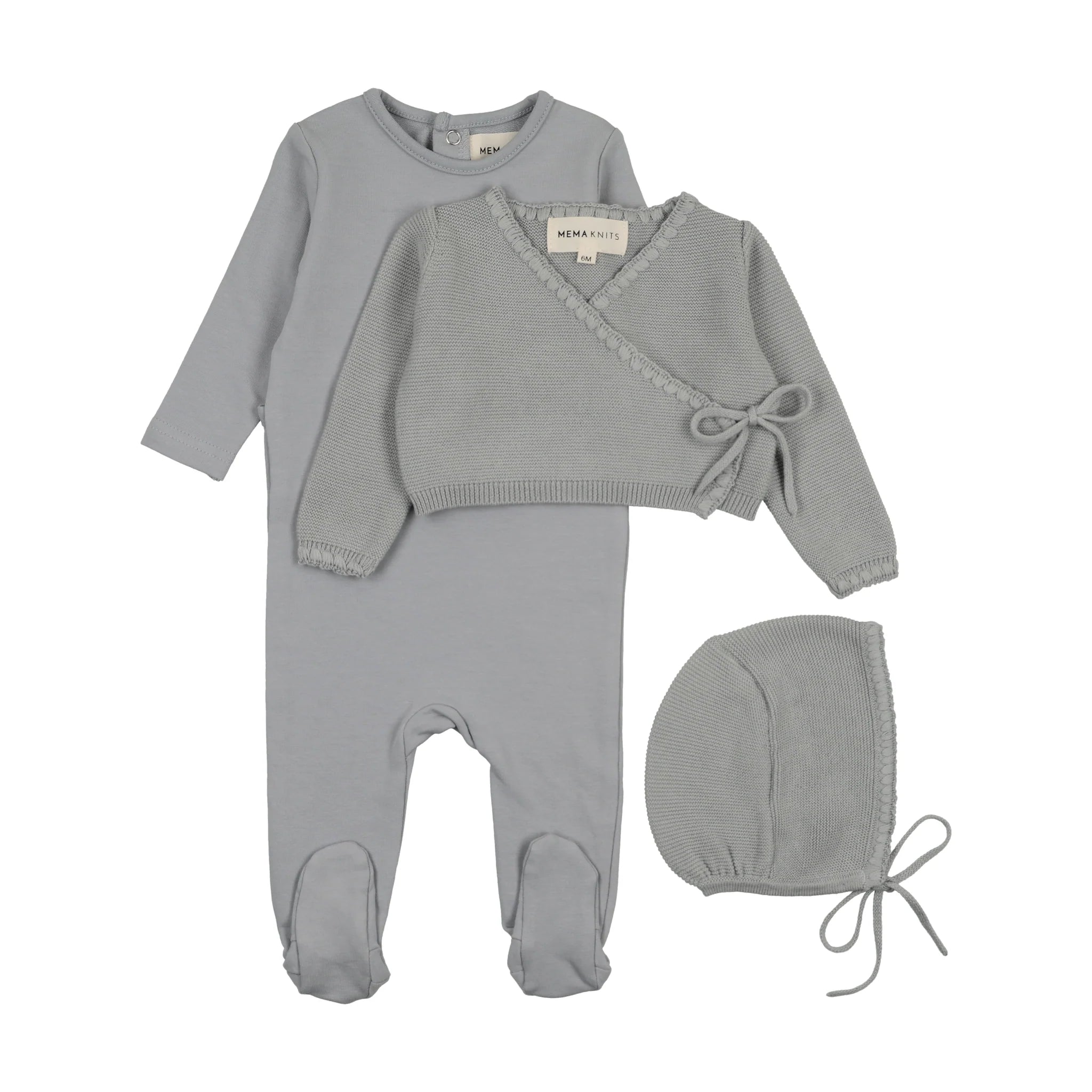 Pre-Order Mema Knits Embroidered Edge Knit Sweater, Bonnet & Base Footie