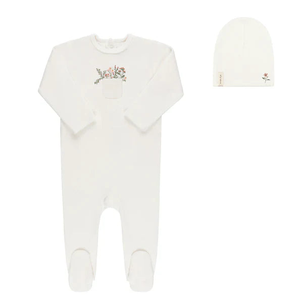 Ely's & Co Ivory Velour Pocket Full of Flowers- Footie & Beanie