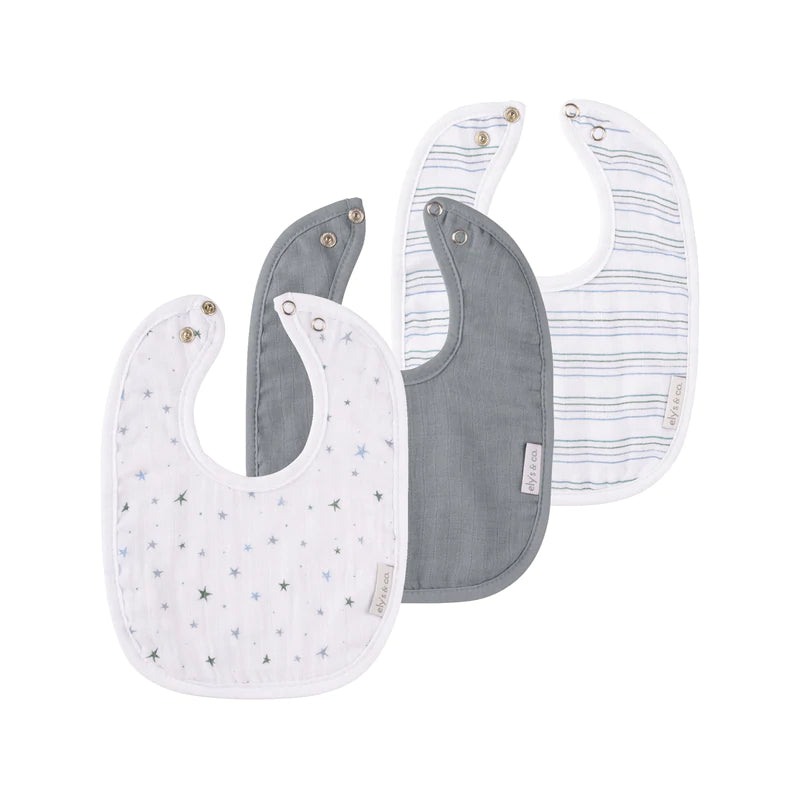 Elys and co MUSLIN TERRY BIB 3 PACK BLUE STARS-SOLID-STRIPES
