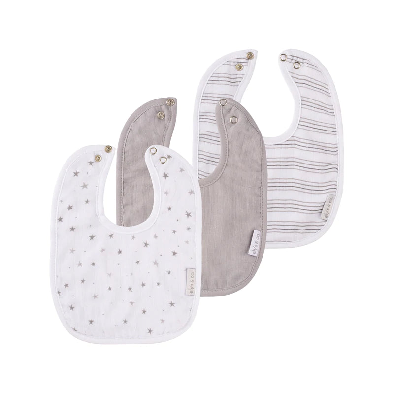 Elys and co MUSLIN TERRY BIB 3 PACK GREY STARS-SOLID-STRIPES